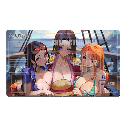 Card game playmat with anime-style characters and game area labels.