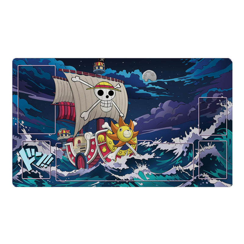 Playmat with a ship design on a blue wave background