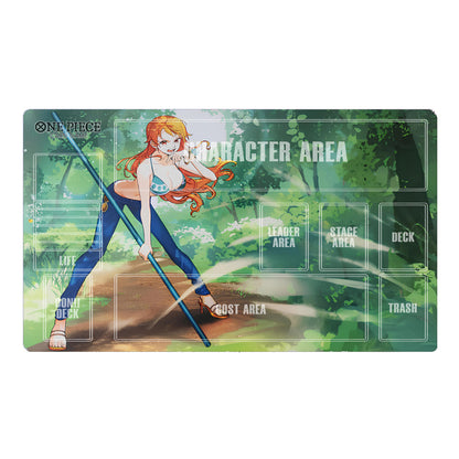 Playmat with anime character design featuring a forest background