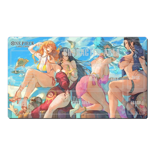 Card game playmat featuring animated characters from 'One Piece' on a white background
