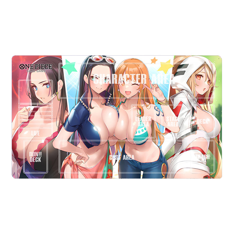 Card featuring four animated characters from 'One Piece' on a colorful background