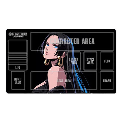 Card game mat with anime character design and game area labels