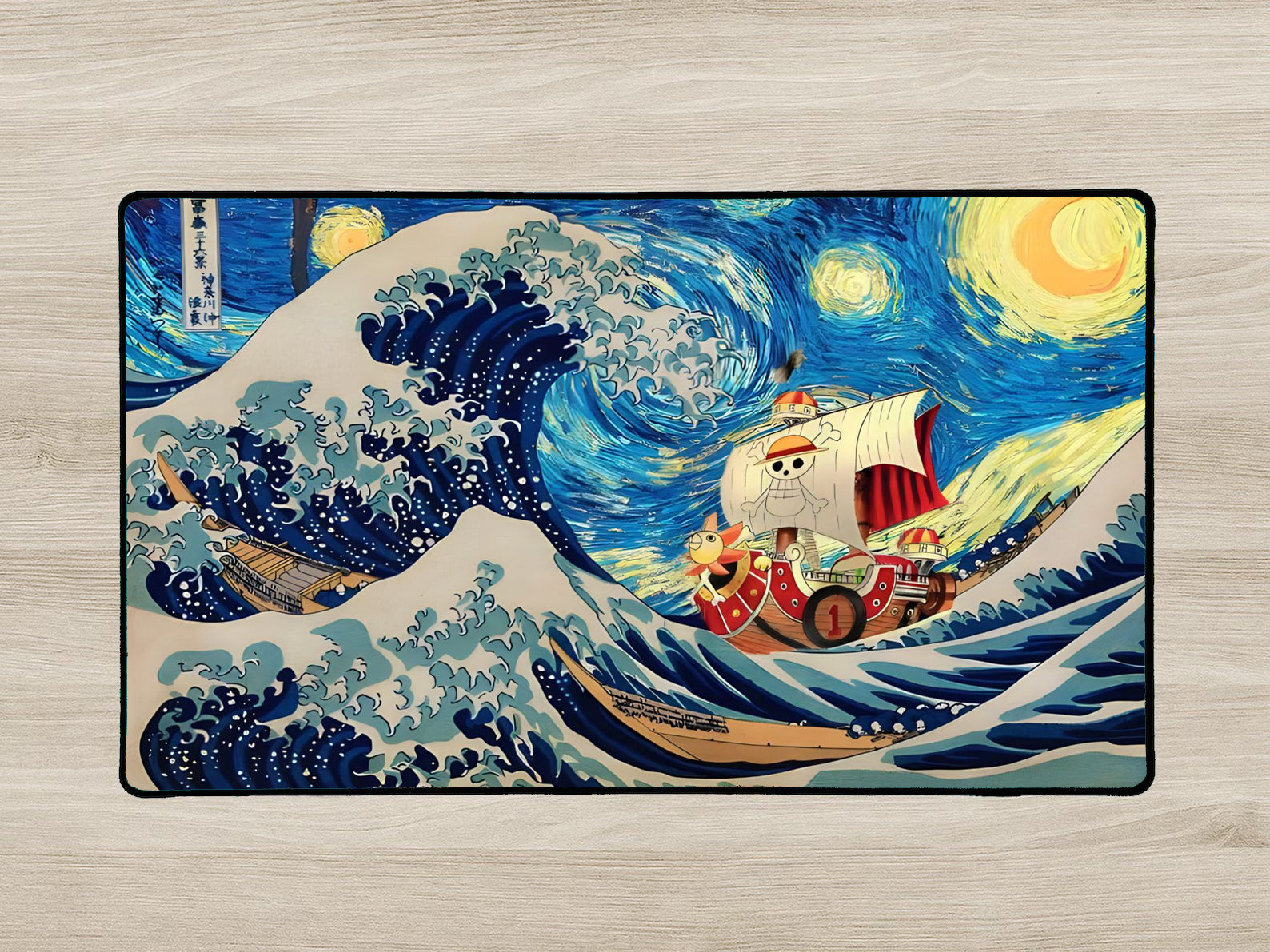 Decorative rug with a design inspired by 'The Great Wave off Kanagawa' and a ship, on a wooden floor.