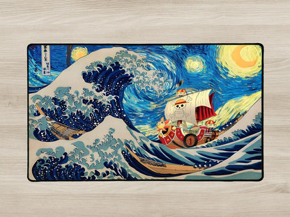 Decorative rug with a design inspired by 'The Great Wave off Kanagawa' and a ship, on a wooden floor.
