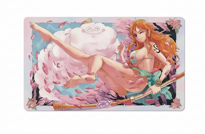 Illustration of a character with long orange hair and a large white creature on a pink background