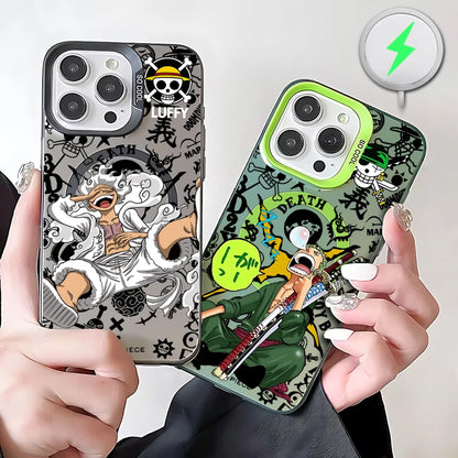 Anime One Piece Luffys Zoros Magnetic Case for iPhone 12 13 14 15 16 17 Air Pro Max Plus Soft Silver Plated Anti Fall Cover