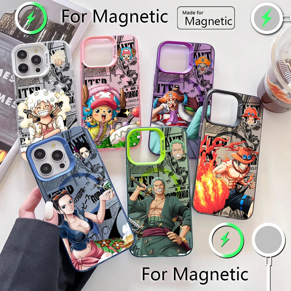 Anime One Piece Cool Magnetic Case for IPhone 11 12 13 14 15 16 17 Air Pro Max Plus Soft Silver Plated Anti Fall Back Cover