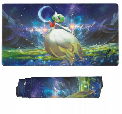 A rectangular gaming playmat with rounded corners featuring a colorful illustration of a Pokémon character in a starry landscape, shown alongside a matching rolled-up playmat sleeve on a plain white background.