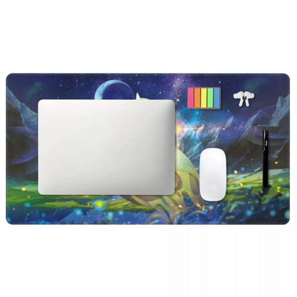 A large desk mat with a colorful space-themed graphic, shown with a white laptop, mouse, stylus, and a small rainbow accessory on a plain white background.