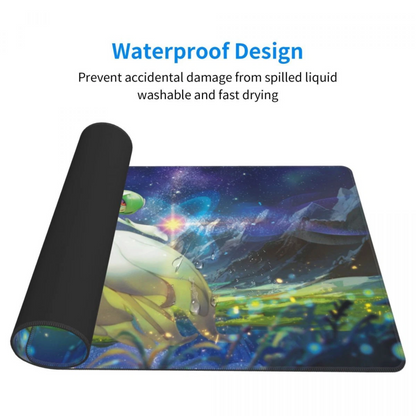 A rolled-up black mouse pad with a colorful printed fantasy landscape and creature design, shown next to an unrolled section of the pad. Blue text at the top reads 'Waterproof Design' with smaller descriptive copy about spill resistance and fast drying.