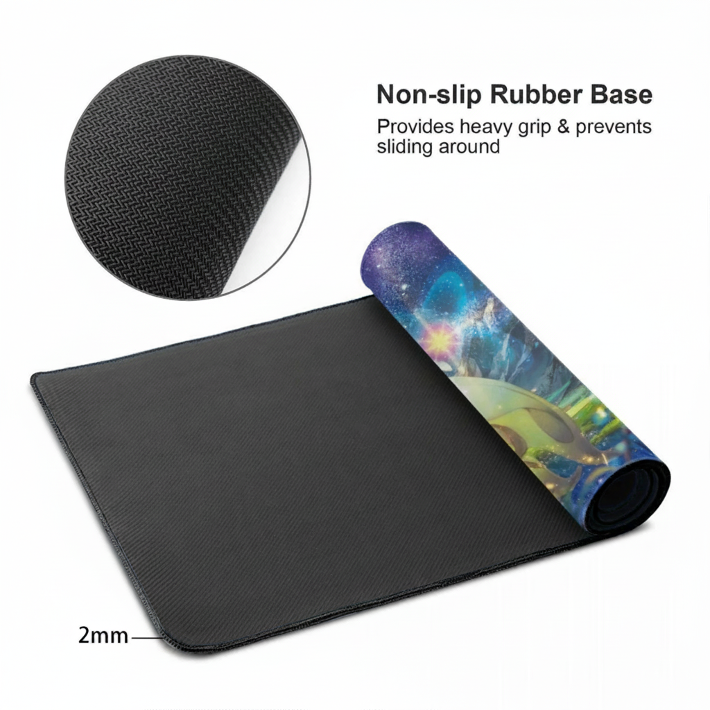 A black gaming mouse pad with a rolled-up section showing a colorful galaxy print, on a white background with text and an inset circle highlighting the non-slip rubber base.