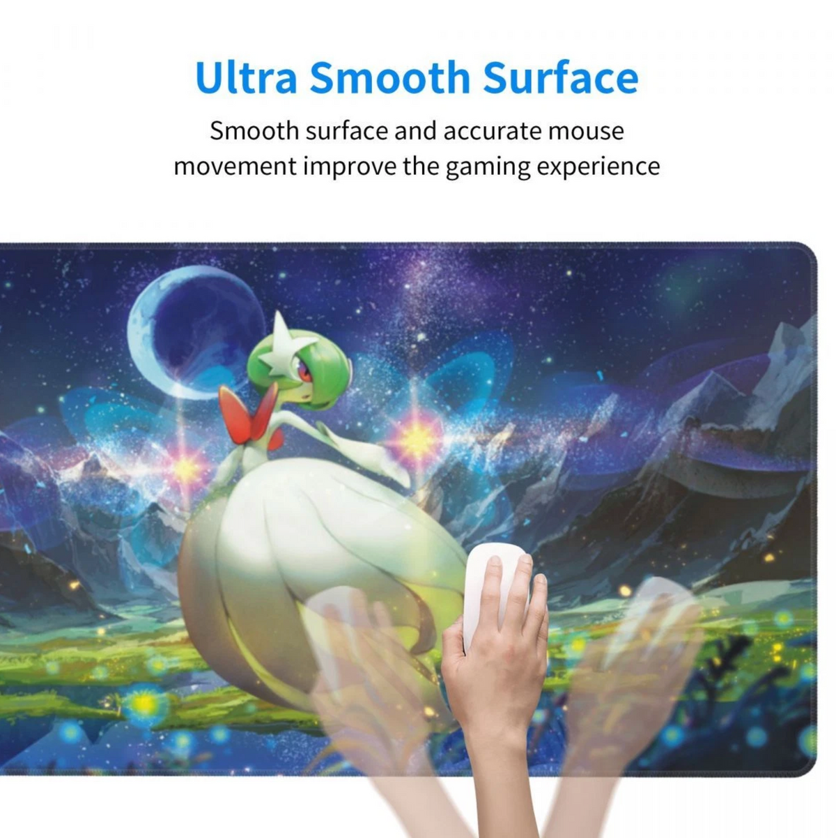 A gaming mousepad with a colorful fantasy illustration of a green dragon-like creature on a glowing planet, shown with a hand using a white mouse on the surface. Text at the top reads 'Ultra Smooth Surface' and 'Smooth surface and accurate mouse movement improve the gaming experience.
