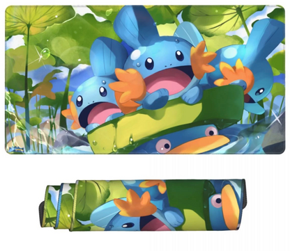 A rectangular printed mat or pad featuring three blue cartoon water-drops characters in a green pond scene, shown from the front with a smaller rolled view below on a white background.