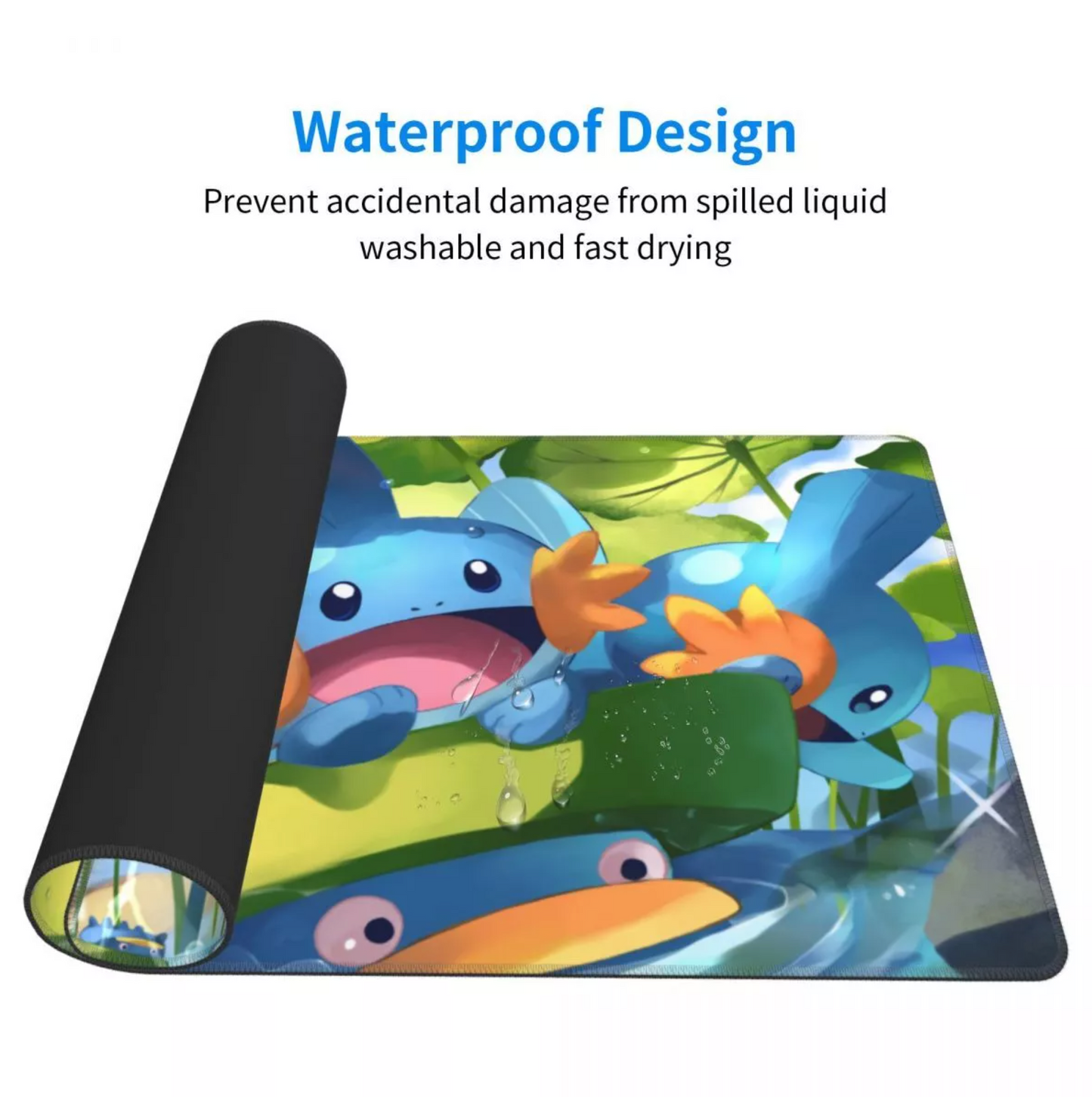 A rectangular desk mat or mouse pad with a rolled black edge, featuring a colorful cartoon frog illustration. Text above reads 'Waterproof Design' with smaller descriptive copy about preventing damage from spilled liquid and fast drying.