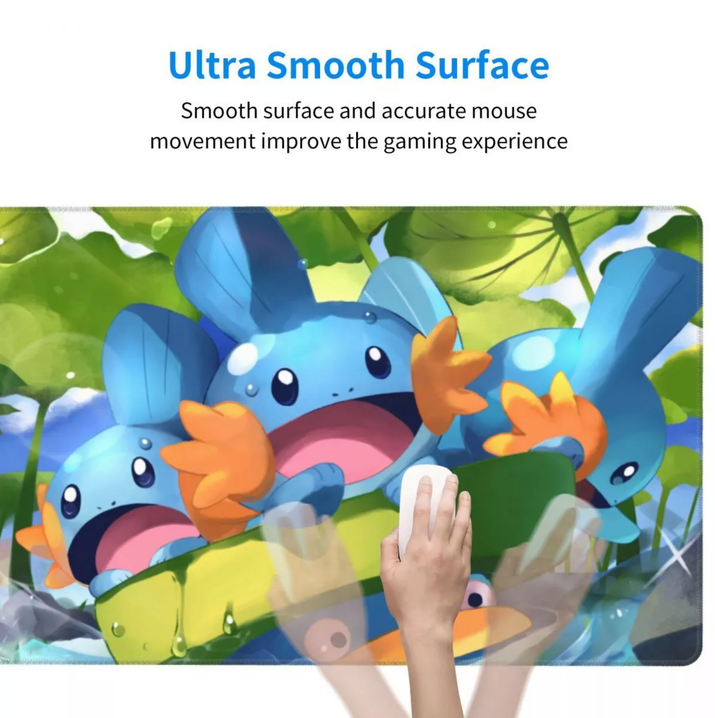 A colorful gaming mousepad featuring cartoon blue creatures with orange feet among green leaves, with a hand holding a white mouse on the pad. Blue text at the top reads, 'Ultra Smooth Surface Smooth surface and accurate mouse movement improve the gaming experience.