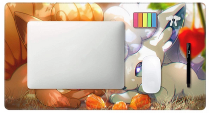 A rectangular desk mat with rounded corners featuring an anime-style illustration of a cream-colored cat with orange accents, shown with a silver laptop, white mouse, and black stylus on top.