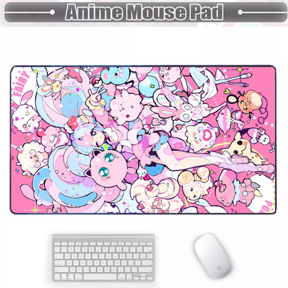 A large rectangular gaming mouse pad with a dense pink anime character print, shown with a white keyboard and mouse on a white background. A gray banner at the top reads 'Anime Mouse Pad'.