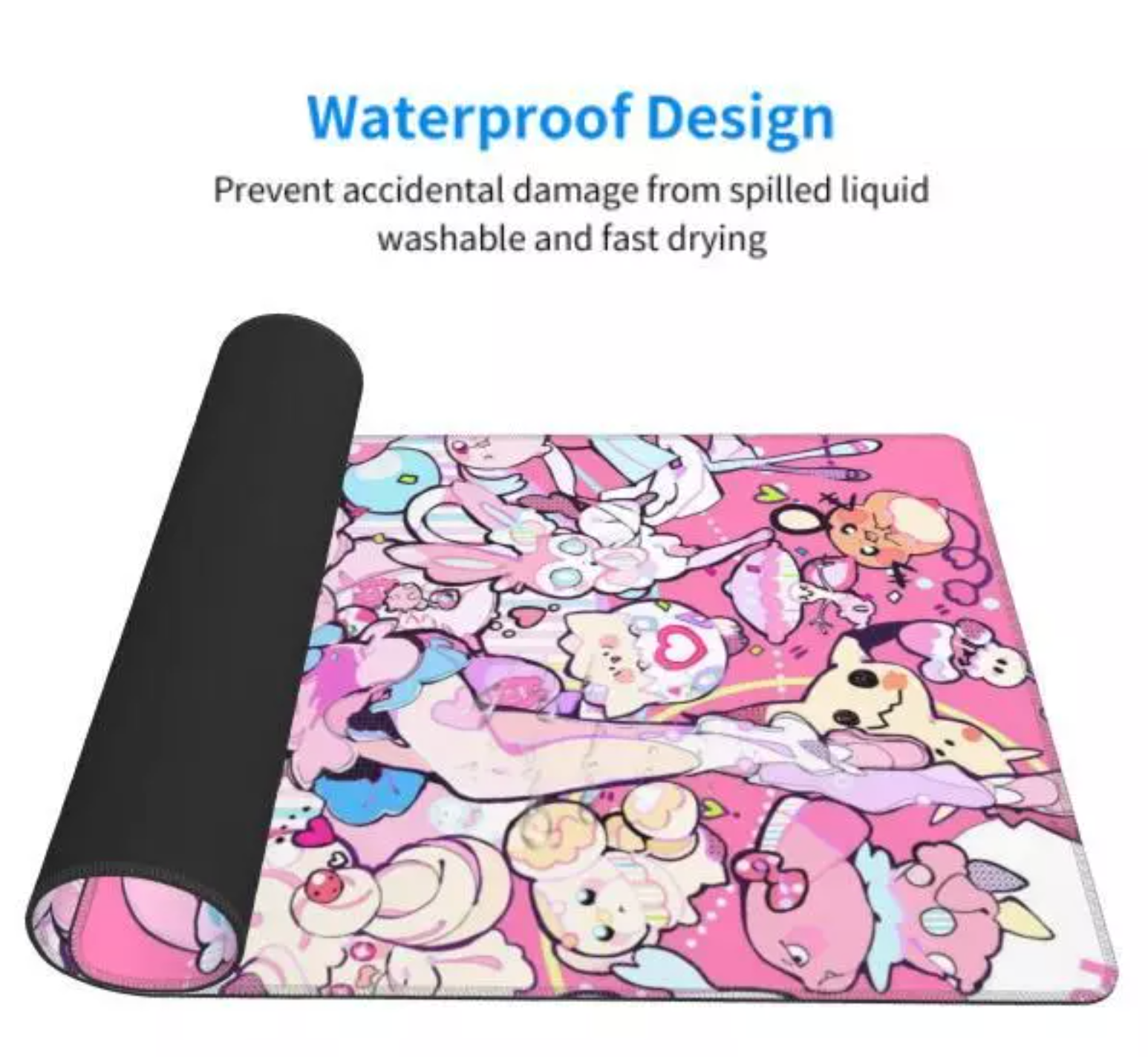 A pink waterproof mouse pad with a cartoon character pattern, shown partially rolled up to reveal the black underside. Text at the top reads 'Waterproof Design' with additional descriptive copy.