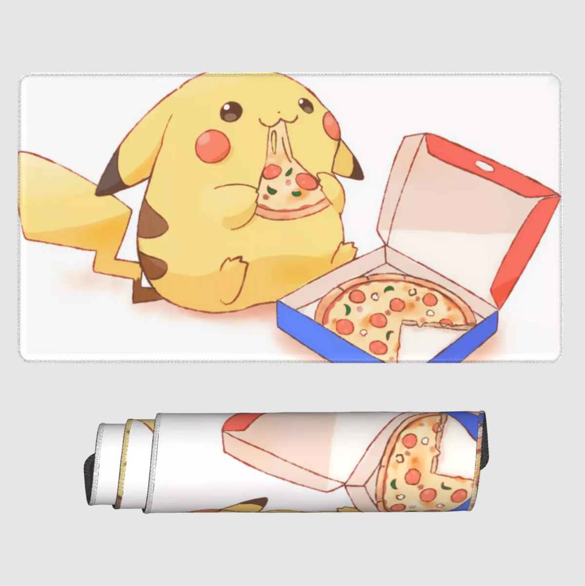 A cylindrical insulated bottle or flask with a printed illustration of Pikachu eating pizza from an open box, shown on a light gray background with the bottle also displayed horizontally below.