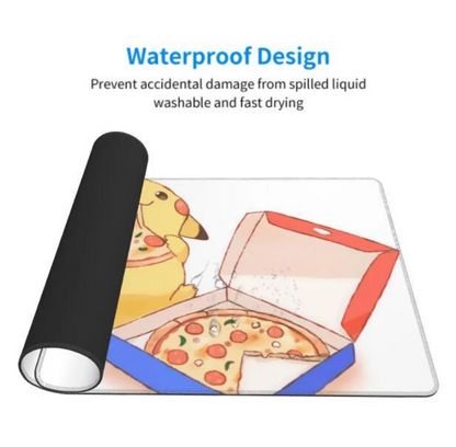 A rectangular desk mat or mouse pad with a cartoon pizza box and pizza illustration, shown partially rolled up to demonstrate a black protective cover. Text at the top reads 'Waterproof Design' with smaller descriptive copy about preventing damage from spilled liquid and fast drying.
