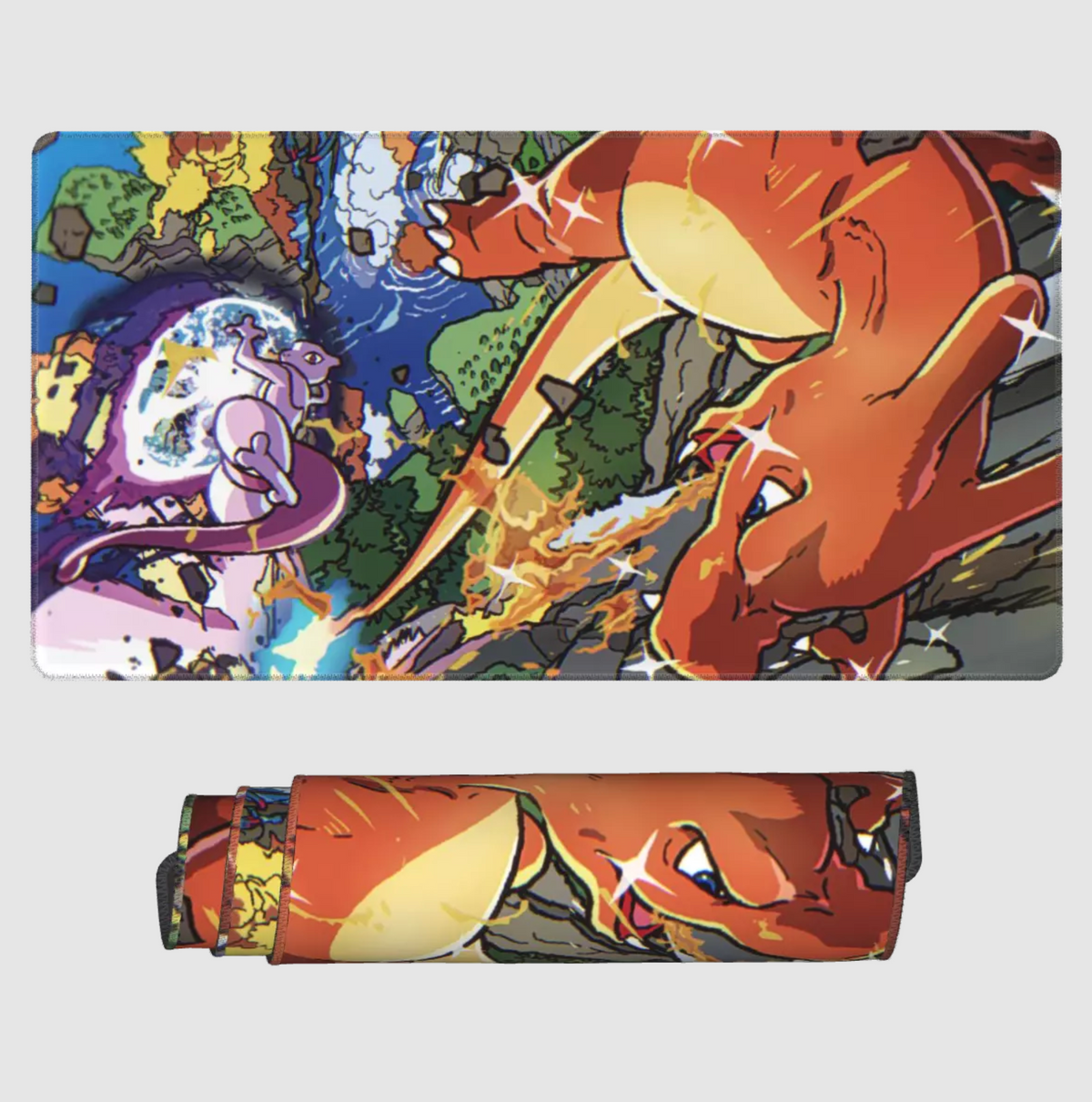 A rectangular printed mat or towel shown flat on a light gray background, with a matching rolled version below. The print features an illustrated battle scene with a large orange dragon-like creature and other fantasy characters in vivid colors.