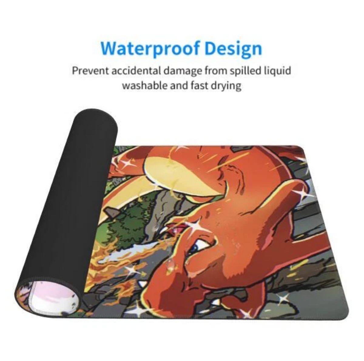 A rolled-up protective mat or cover with a printed cartoon dragon design, shown on a white background with text reading 'Waterproof Design' and 'Prevent accidental damage from spilled liquid washable and fast drying.'.