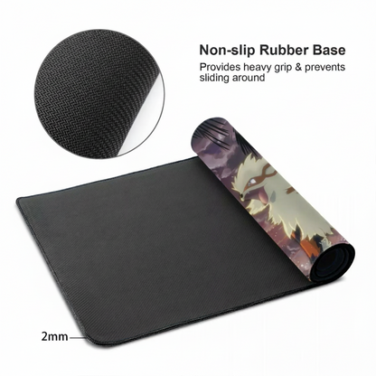 A black gaming mouse pad with a rolled-up top showing a printed anime character design, displayed on a white background with text highlighting its non-slip rubber base and a 2mm thickness detail.