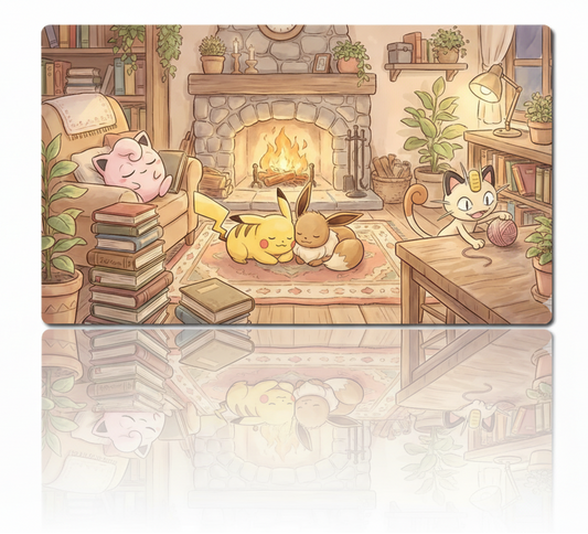 Illustration of cartoon characters in a cozy living room with a fireplace.