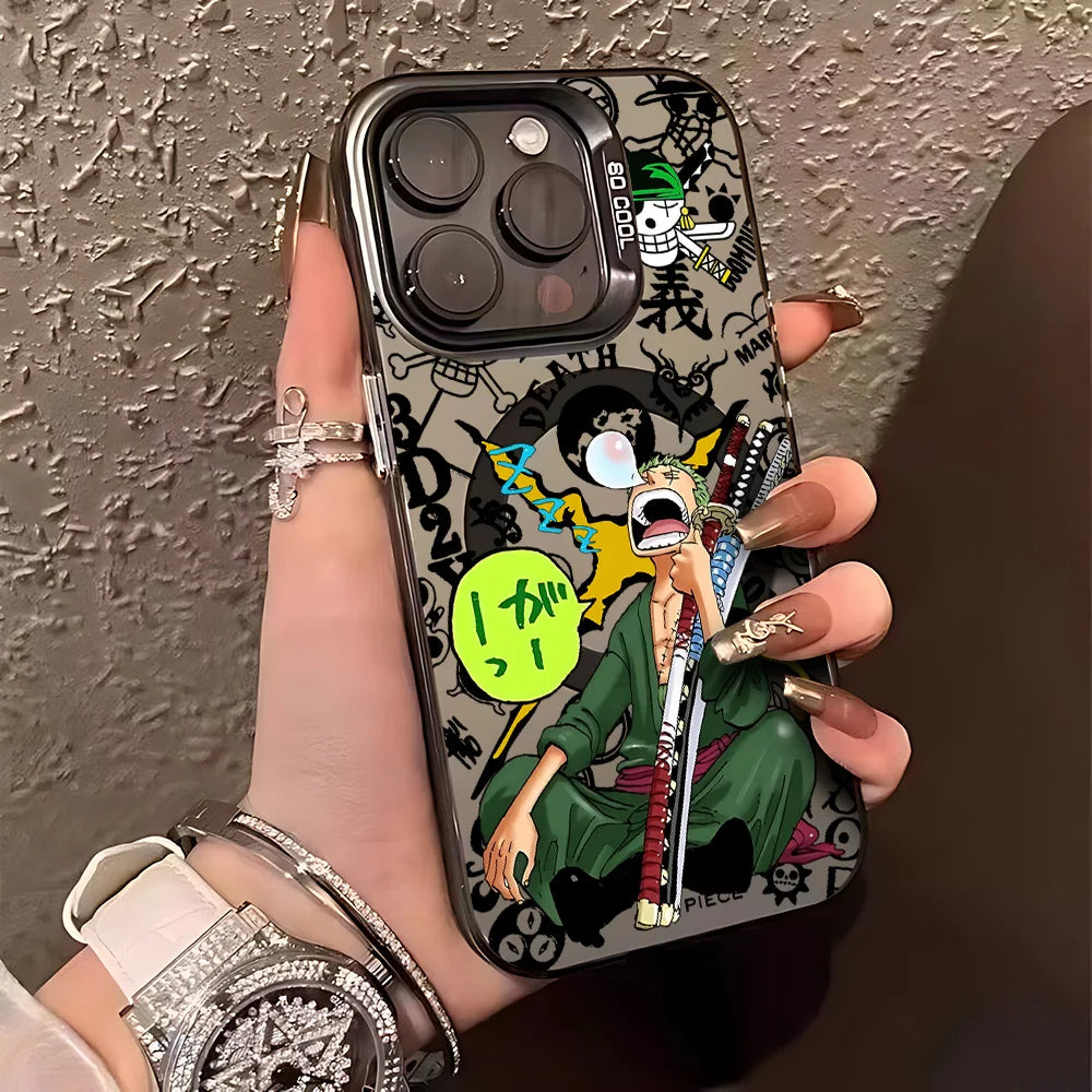 Anime One Piece Luffys Zoros Magnetic Case for iPhone 12 13 14 15 16 17 Air Pro Max Plus Soft Silver Plated Anti Fall Cover