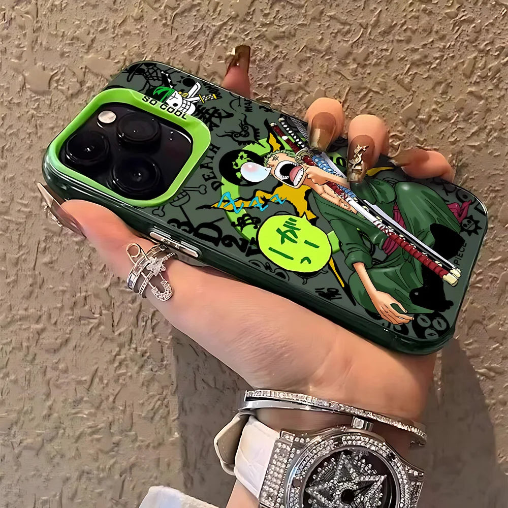 Anime One Piece Luffys Zoros Magnetic Case for iPhone 12 13 14 15 16 17 Air Pro Max Plus Soft Silver Plated Anti Fall Cover