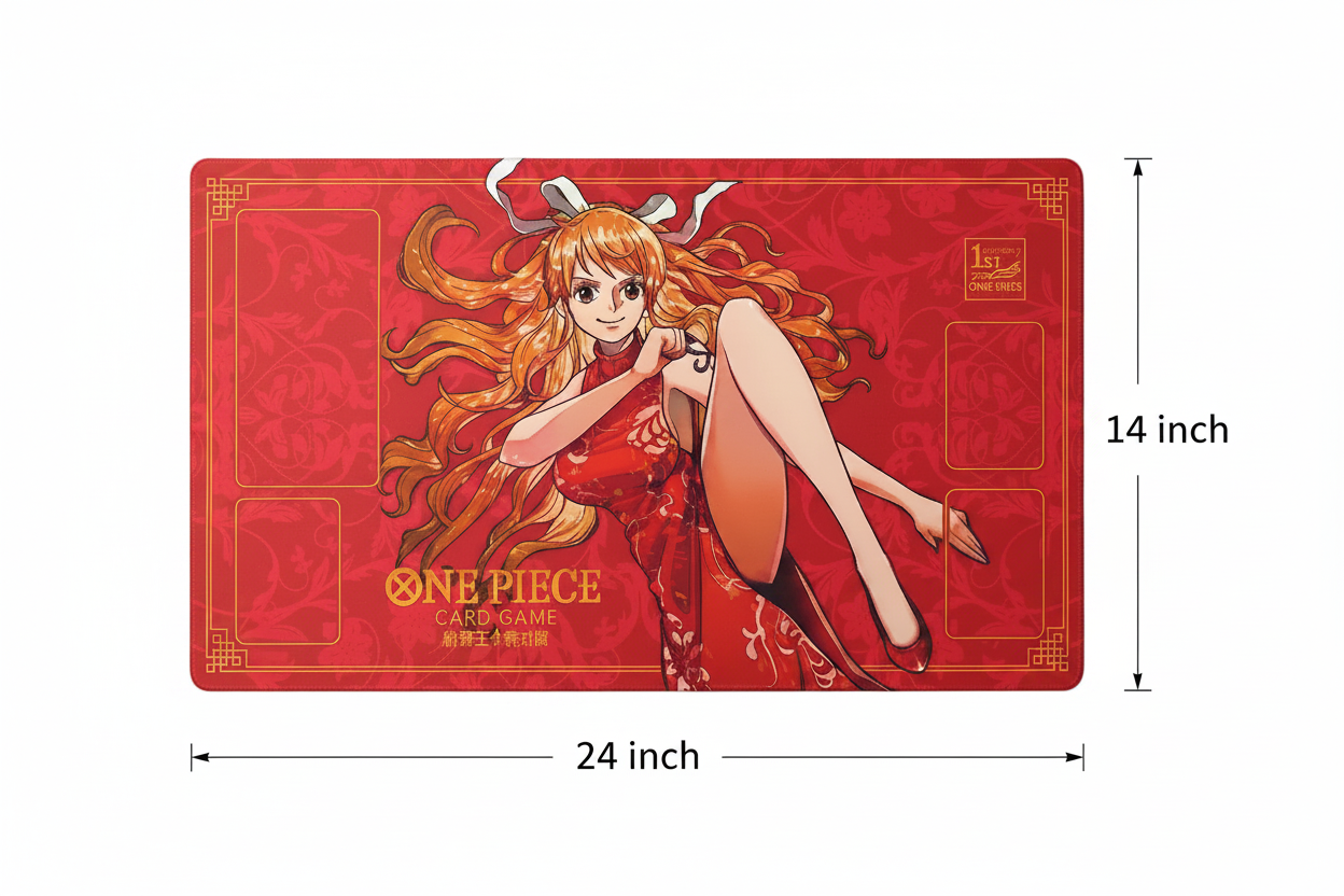 Red playmat with anime character and 'One Piece' branding, dimensions indicated.