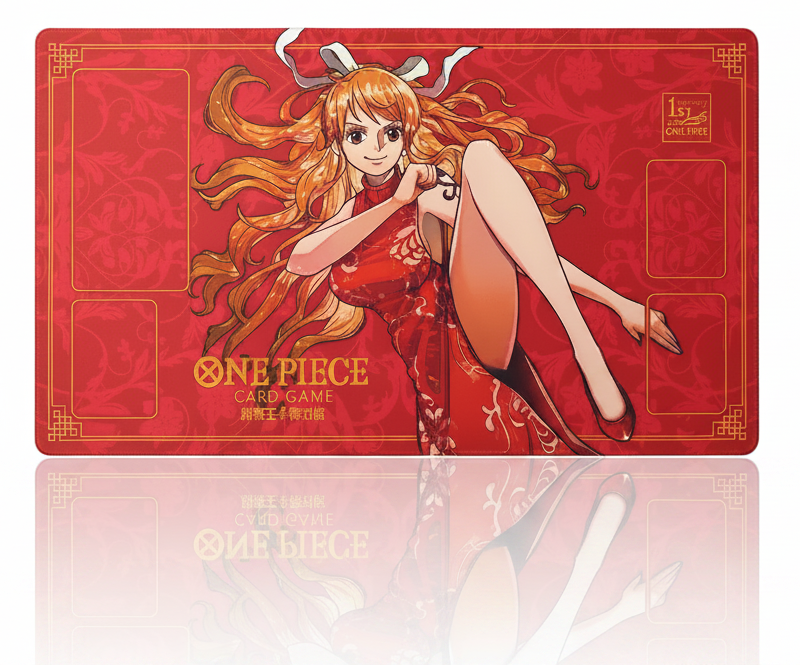 Red 'One Piece' card game playmat with character design on a white background