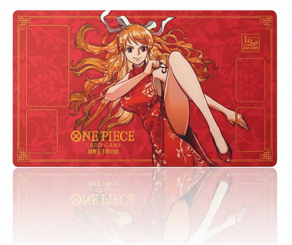 Red 'One Piece' card game playmat with character design on a white background