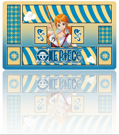 Placemat with anime character and 'One Piece' branding on a blue and yellow background