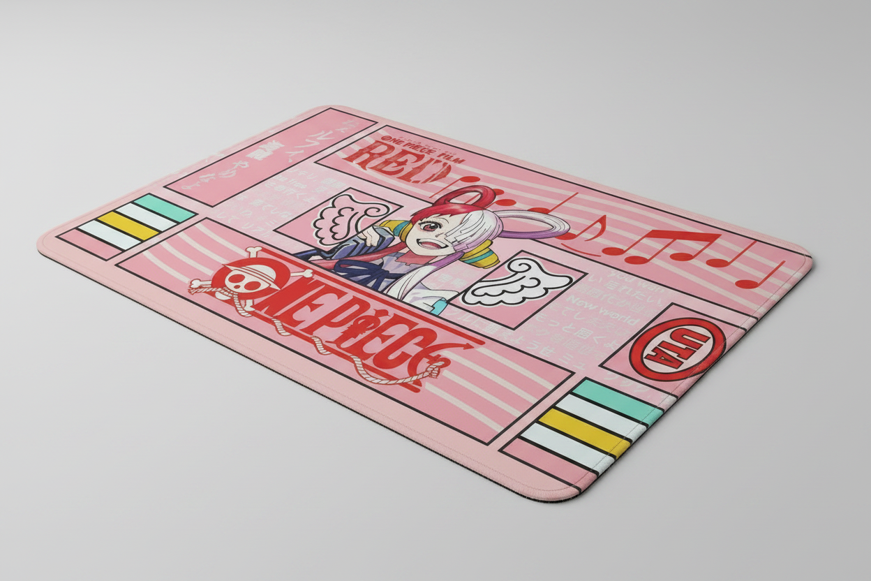 Promotional graphic for 'One Piece Film Red' with character and music notes on a pink background