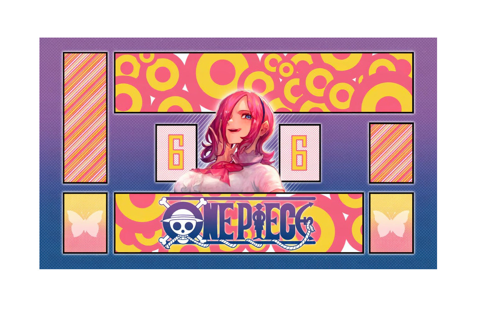 Anime character with pink hair and colorful patterns on a white background