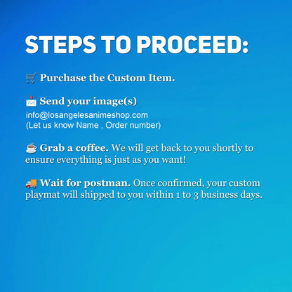 Instructions for purchasing a custom item with contact information on a blue background