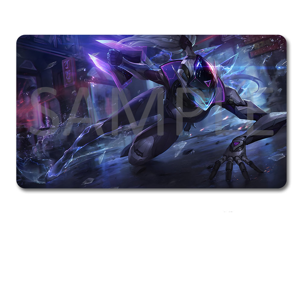 A rectangular gaming playmat with rounded corners featuring a dark sci-fi robotic character in purple, blue, and black tones, shown above a black drawstring storage pouch on a white background. A large translucent SAMPLE watermark overlays the playmat artwork.