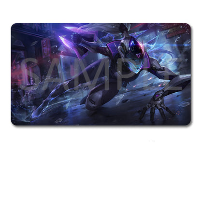 A rectangular gaming playmat with rounded corners featuring a dark sci-fi robotic character in purple, blue, and black tones, shown above a black drawstring storage pouch on a white background. A large translucent SAMPLE watermark overlays the playmat artwork.