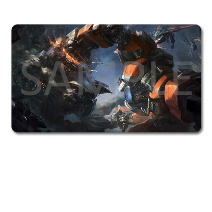 A rectangular gaming mouse pad with rounded corners featuring a sci-fi mecha battle illustration in orange, black, and gray, shown above a black drawstring storage pouch on a white background. A large translucent SAMPLE watermark overlays the mouse pad artwork.