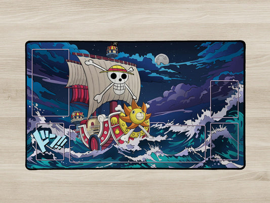 Anime-themed mouse pad with a ship design on a wooden surface