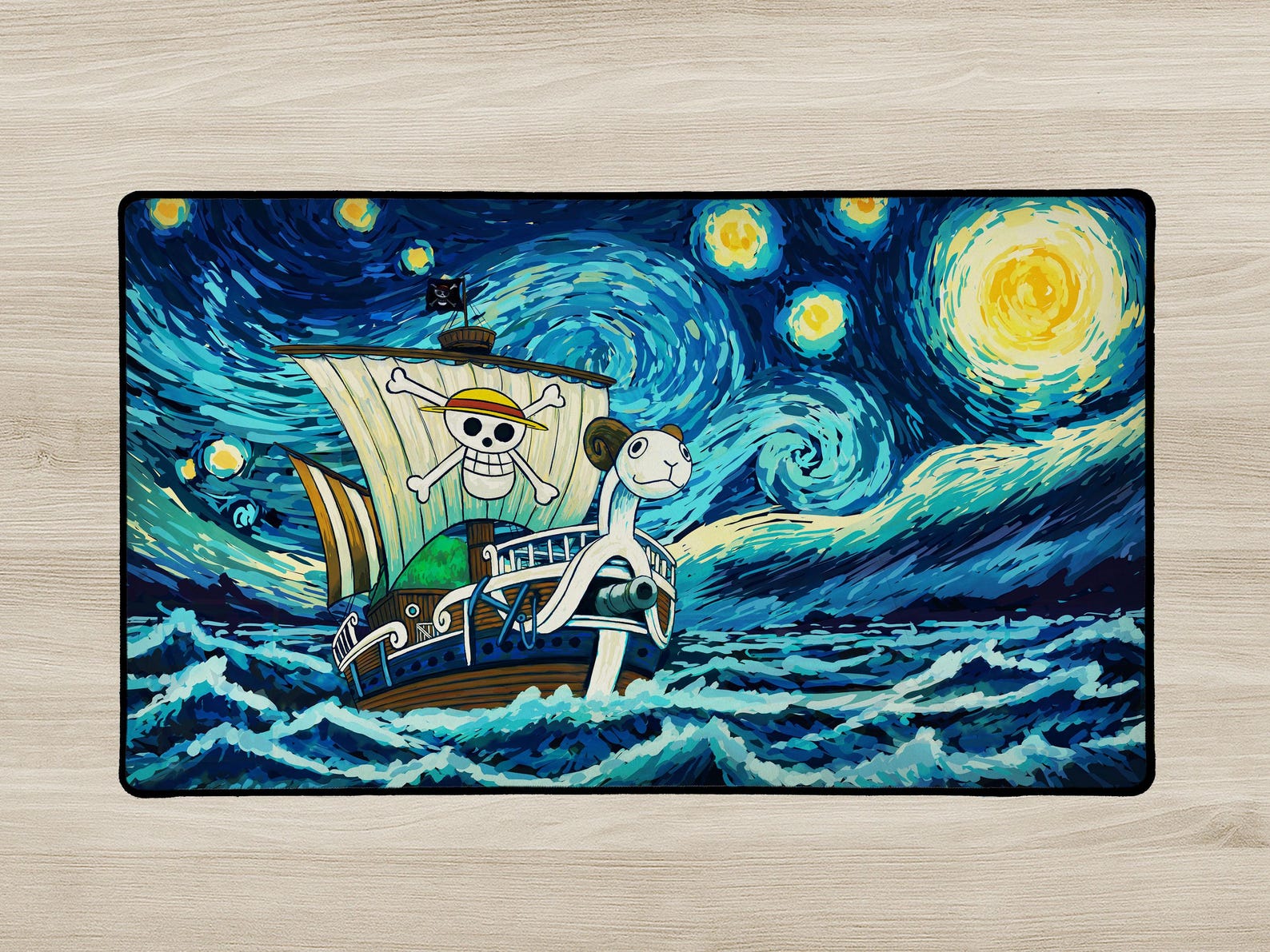 Decorative mat with a pirate ship design inspired by 'Starry Night' on a wooden surface.