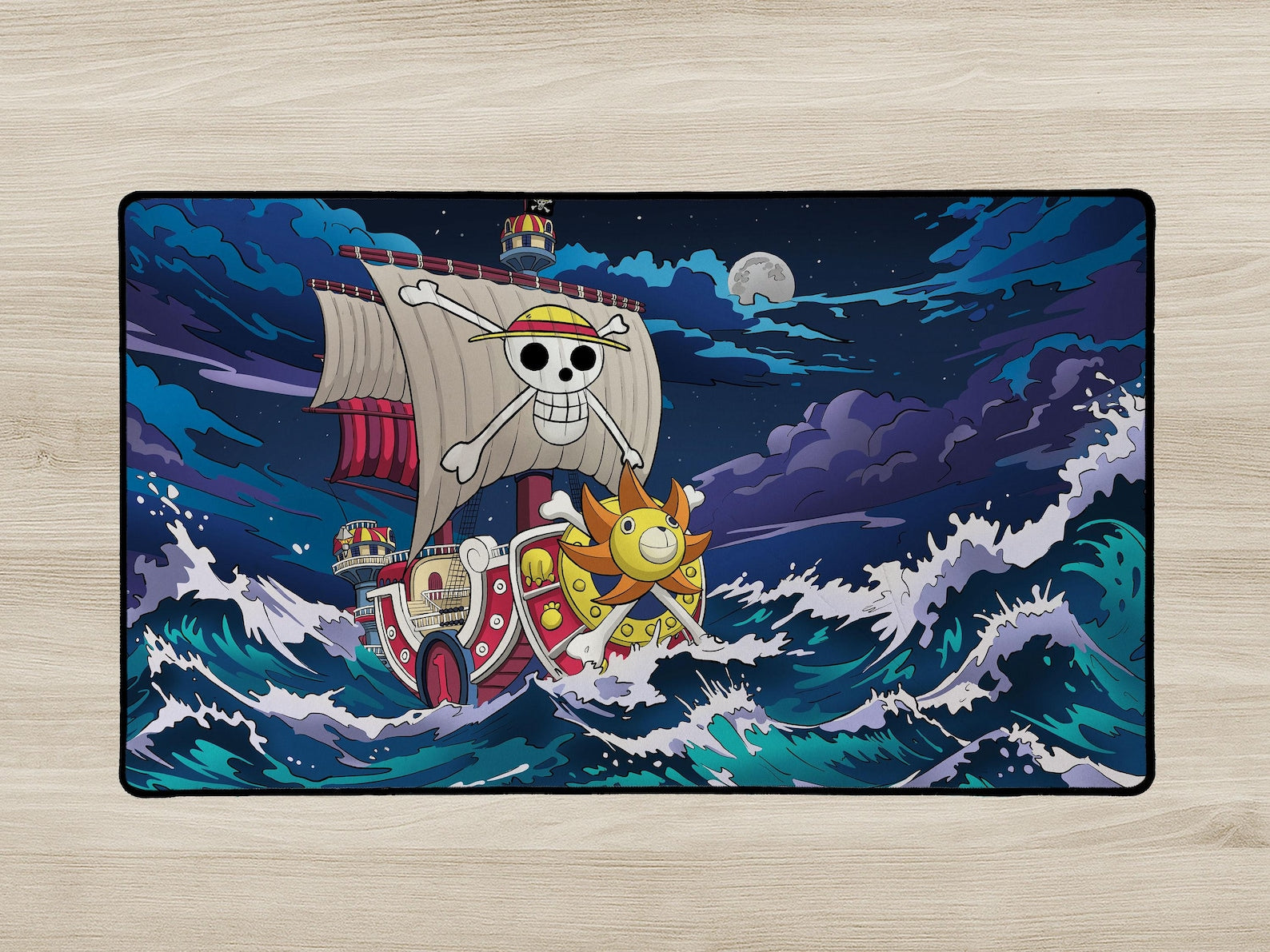 Decorative rug with a cartoon ship design on a wooden floor