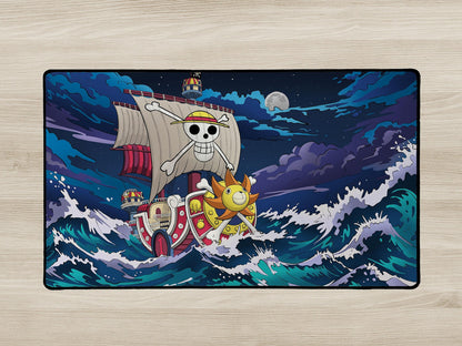 Decorative rug with a cartoon ship design on a wooden floor