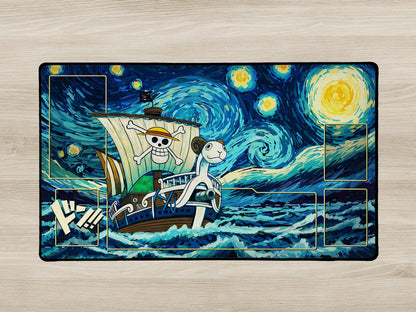 Sailboat with a skull design on a 'Starry Night' inspired background