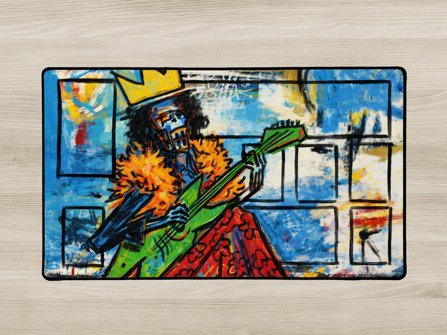 Colorful rug with a graphic design of a person playing guitar on a wooden floor.
