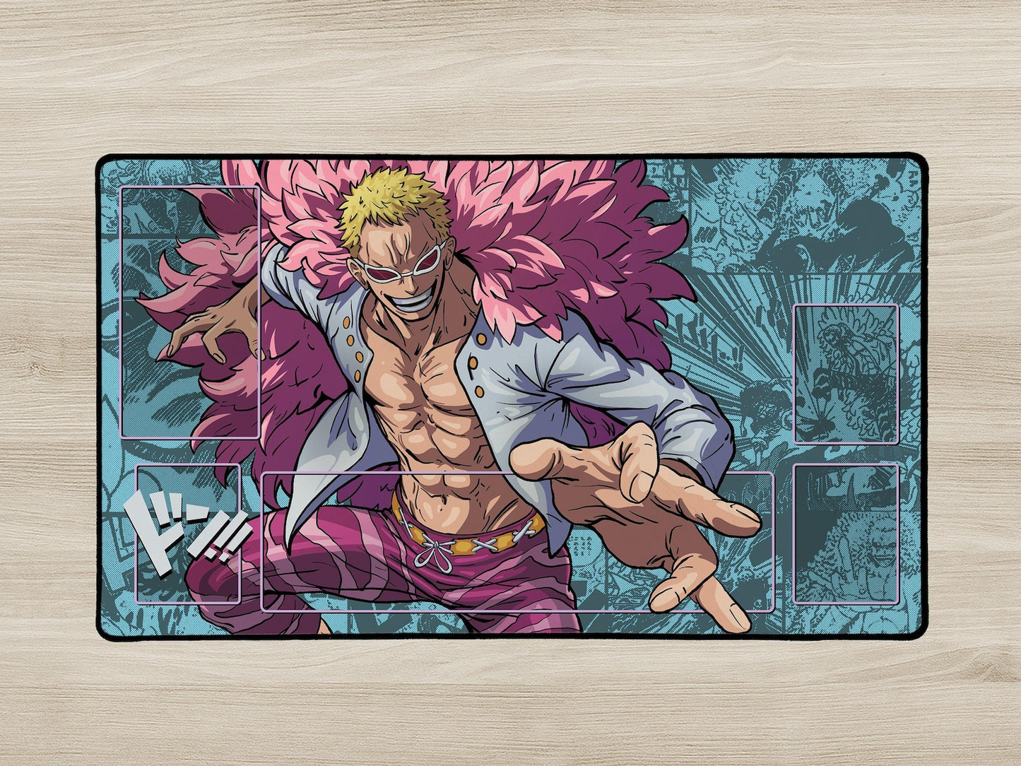 Anime character with pink hair on a large mat with comic book style background