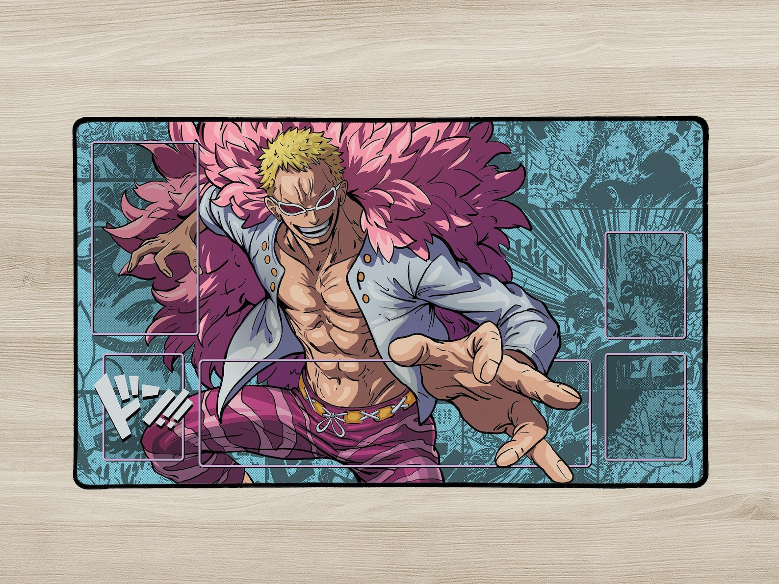 Anime character with pink hair on a large mat with comic book style background