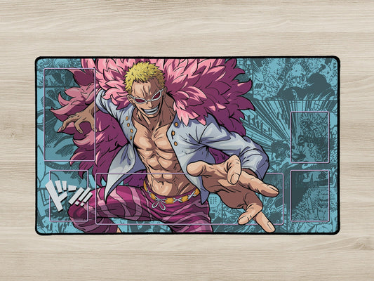 Anime character with pink hair on a large mat with comic book style background