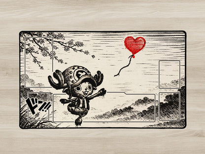Illustration of a character with a red heart balloon on a wooden background